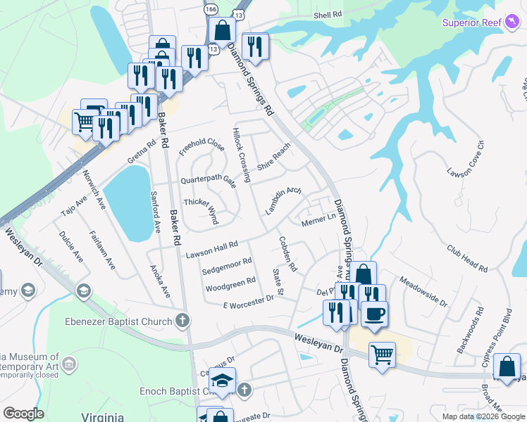 map of restaurants, bars, coffee shops, grocery stores, and more near 1326 Hillock Crossing in Virginia Beach