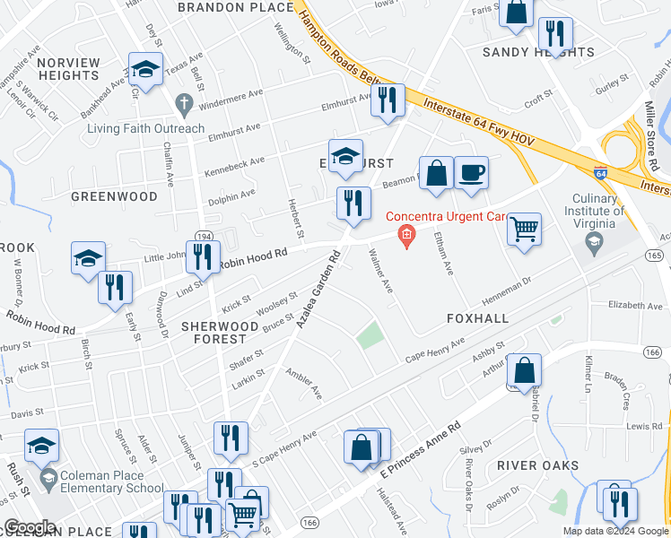 map of restaurants, bars, coffee shops, grocery stores, and more near 2676 Azalea Garden Road in Norfolk