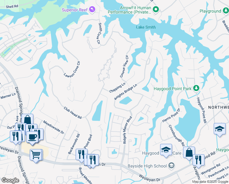 map of restaurants, bars, coffee shops, grocery stores, and more near 1184 Knights Bridge Lane in Virginia Beach