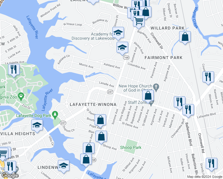 map of restaurants, bars, coffee shops, grocery stores, and more near 1808 Lafayette Boulevard in Norfolk