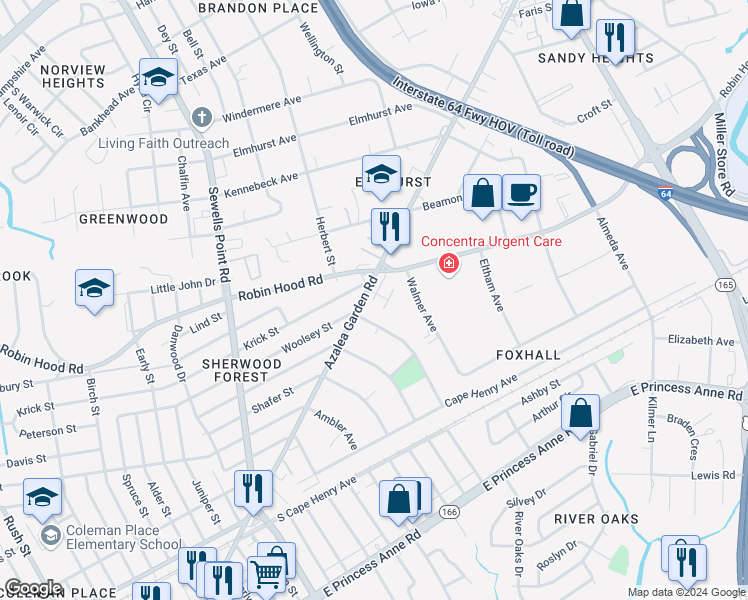 map of restaurants, bars, coffee shops, grocery stores, and more near 2676 Azalea Garden Road in Norfolk