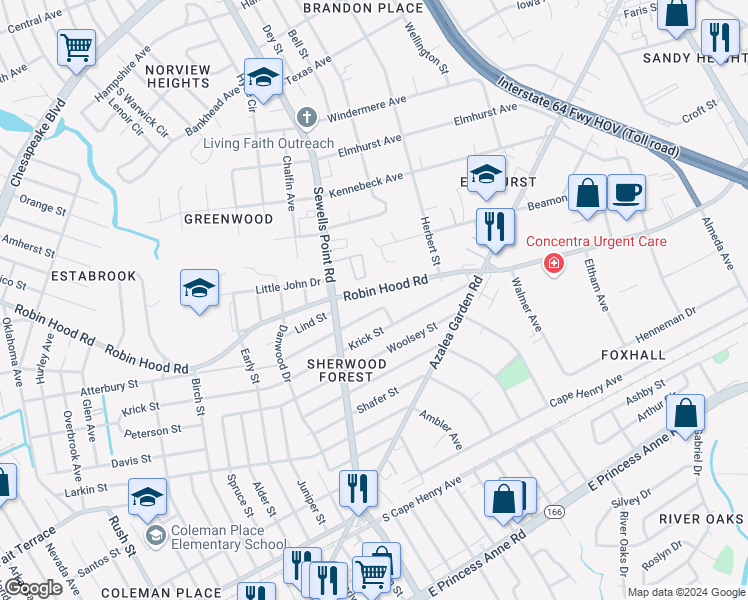 map of restaurants, bars, coffee shops, grocery stores, and more near 4833 Robin Hood Road in Norfolk