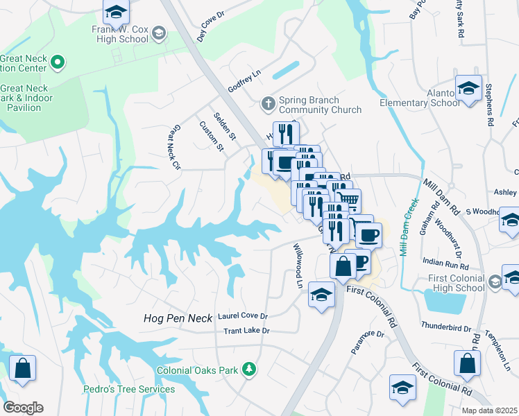 map of restaurants, bars, coffee shops, grocery stores, and more near 2229 Poplar Point Road in Virginia Beach
