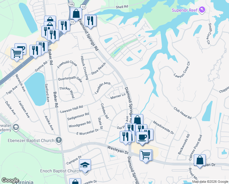 map of restaurants, bars, coffee shops, grocery stores, and more near 1000 Marble Walke Way in Virginia Beach