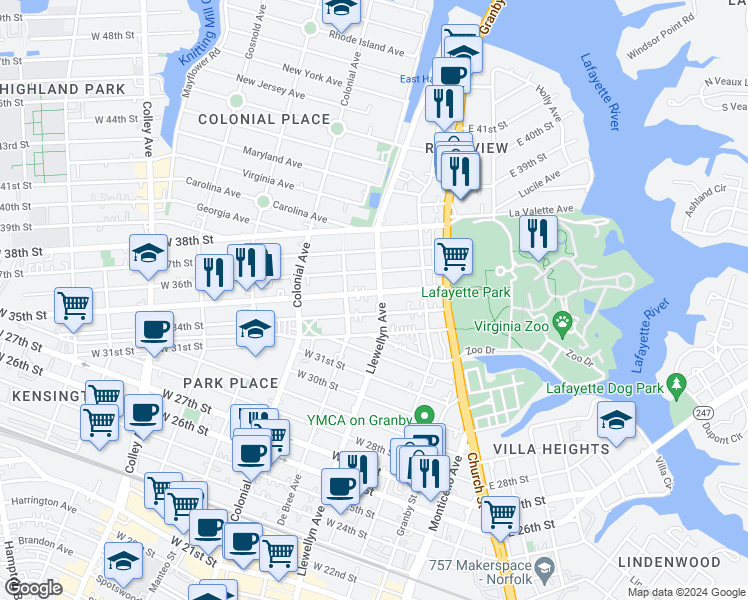 map of restaurants, bars, coffee shops, grocery stores, and more near 313 West 34th Street in Norfolk