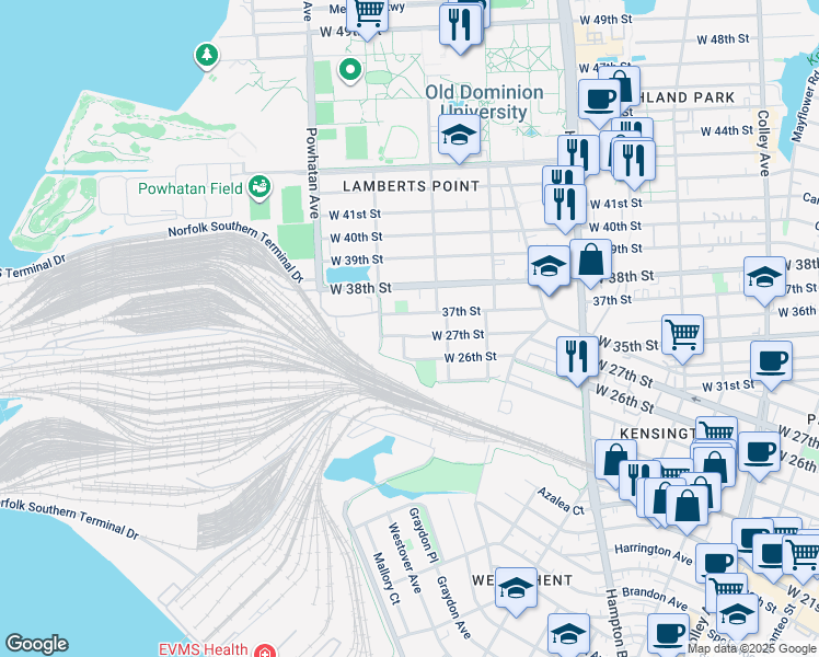 map of restaurants, bars, coffee shops, grocery stores, and more near 1447 West 27th Street in Norfolk