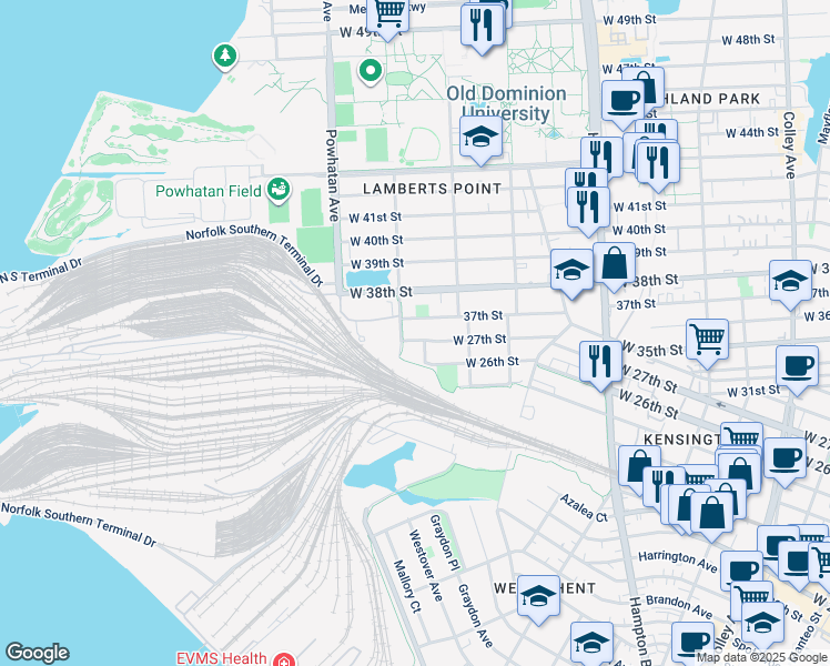 map of restaurants, bars, coffee shops, grocery stores, and more near 1447 West 27th Street in Norfolk