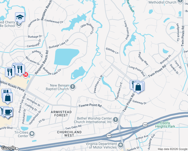 map of restaurants, bars, coffee shops, grocery stores, and more near 3835 Stateflower Court in Portsmouth