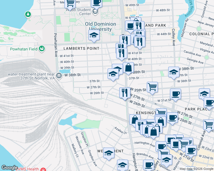 map of restaurants, bars, coffee shops, grocery stores, and more near 1268 West 26th Street in Norfolk