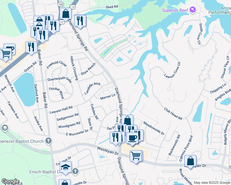 map of restaurants, bars, coffee shops, grocery stores, and more near 5500 Tempest Court in Virginia Beach