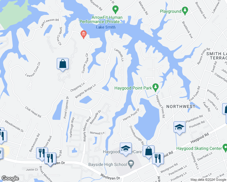 map of restaurants, bars, coffee shops, grocery stores, and more near Stockwell Court in Virginia Beach