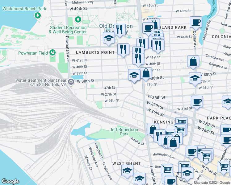 map of restaurants, bars, coffee shops, grocery stores, and more near 1300 West 27th Street in Norfolk