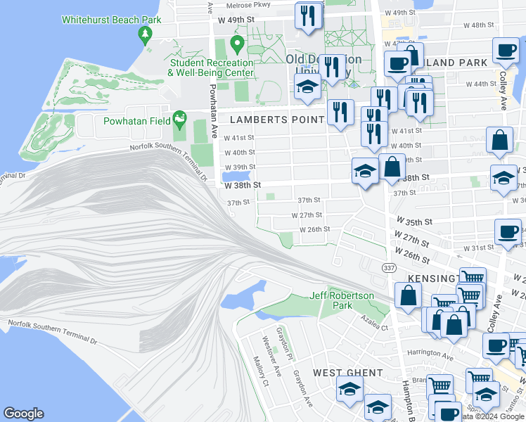 map of restaurants, bars, coffee shops, grocery stores, and more near 1446 West 27th Street in Norfolk