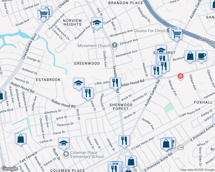 map of restaurants, bars, coffee shops, grocery stores, and more near 4719 Robin Hood Road in Norfolk