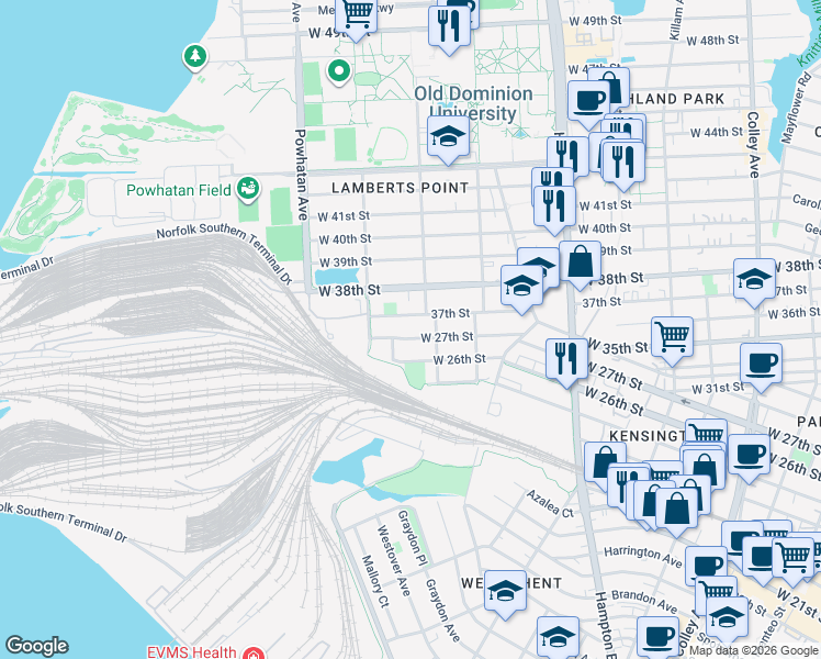 map of restaurants, bars, coffee shops, grocery stores, and more near 1414 West 26th Street in Norfolk