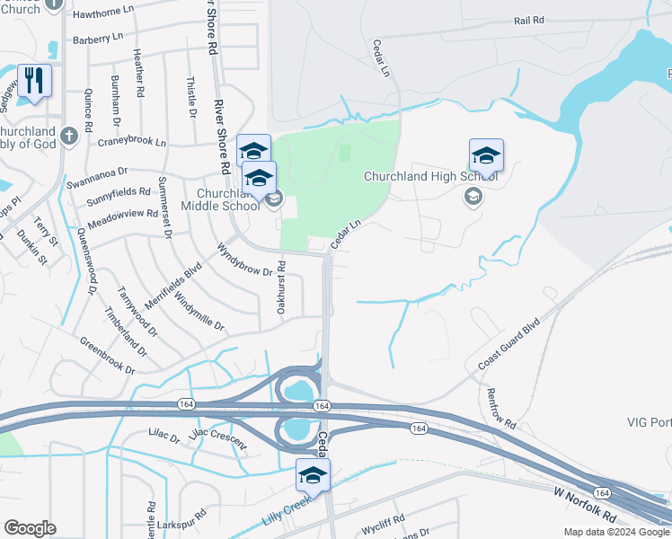 map of restaurants, bars, coffee shops, grocery stores, and more near 4025 Cedar Lane in Portsmouth
