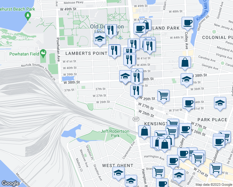 map of restaurants, bars, coffee shops, grocery stores, and more near 1254 West 27th Street in Norfolk