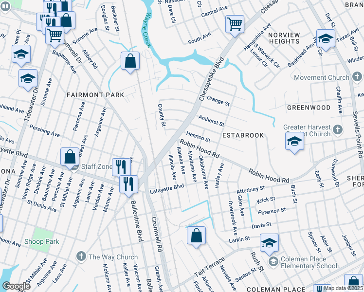 map of restaurants, bars, coffee shops, grocery stores, and more near 3324 Kansas Avenue in Norfolk