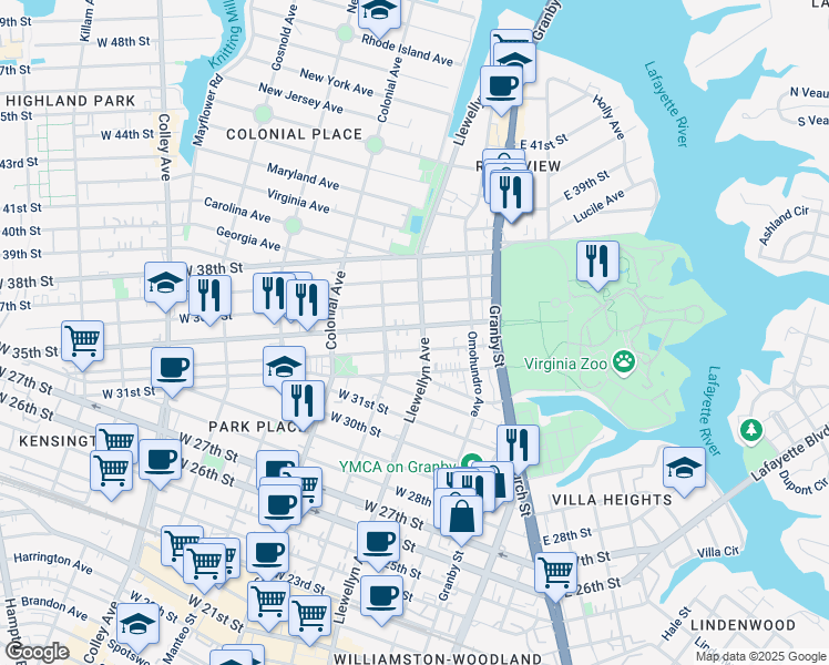 map of restaurants, bars, coffee shops, grocery stores, and more near 305 West 35th Street in Norfolk