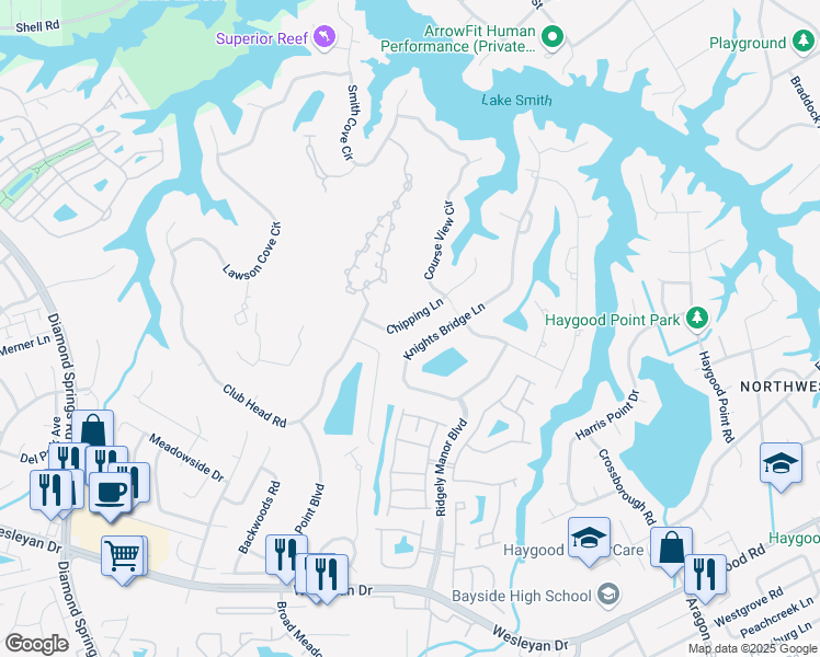 map of restaurants, bars, coffee shops, grocery stores, and more near 1184 Knights Bridge Lane in Virginia Beach