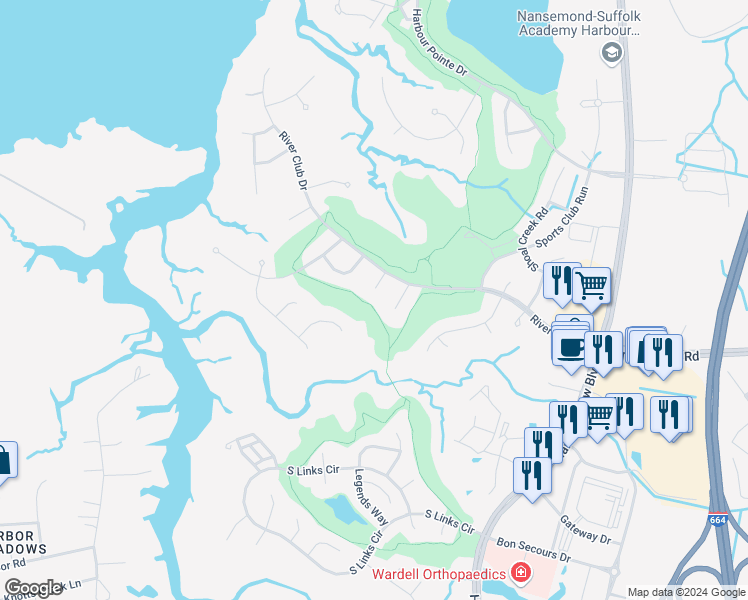 map of restaurants, bars, coffee shops, grocery stores, and more near 5107 Turnberry Court in Suffolk