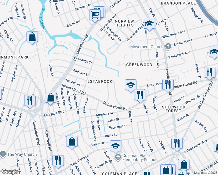 map of restaurants, bars, coffee shops, grocery stores, and more near 3448 West Bonner Drive in Norfolk