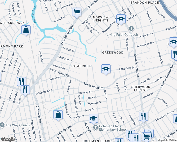map of restaurants, bars, coffee shops, grocery stores, and more near 3448 West Bonner Drive in Norfolk