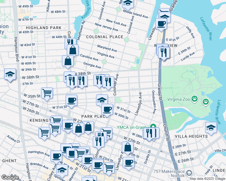 map of restaurants, bars, coffee shops, grocery stores, and more near 501 West 34th Street in Norfolk