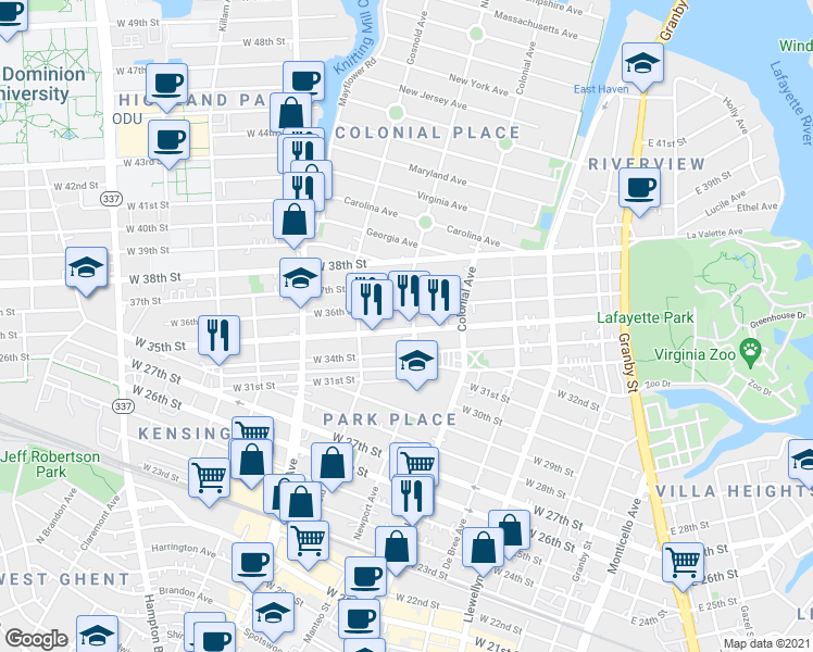 map of restaurants, bars, coffee shops, grocery stores, and more near 532 West 34th Street in Norfolk