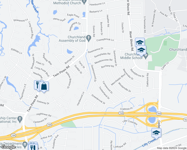 map of restaurants, bars, coffee shops, grocery stores, and more near 4110 Queenswood Drive in Portsmouth