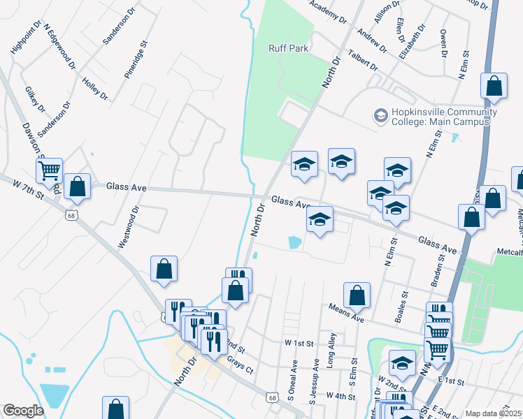 map of restaurants, bars, coffee shops, grocery stores, and more near 690 North Drive in Hopkinsville