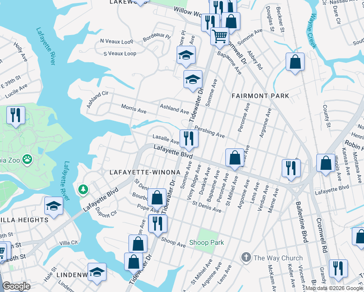 map of restaurants, bars, coffee shops, grocery stores, and more near 1915 Lafayette Boulevard in Norfolk