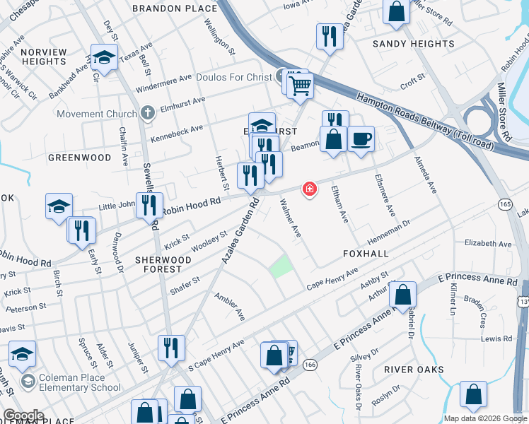 map of restaurants, bars, coffee shops, grocery stores, and more near 2552 Woolsey Street in Norfolk