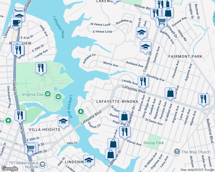 map of restaurants, bars, coffee shops, grocery stores, and more near 1507 Maury Crescent in Norfolk