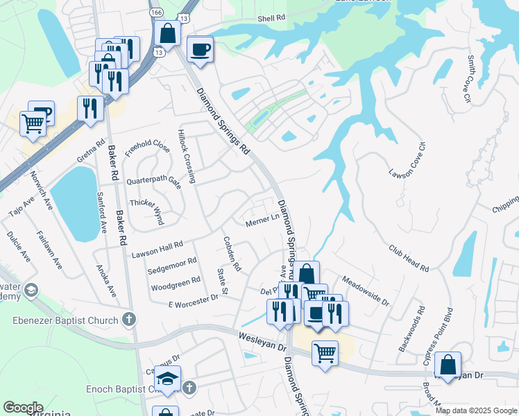 map of restaurants, bars, coffee shops, grocery stores, and more near 5556 Crown Grant Way in Virginia Beach