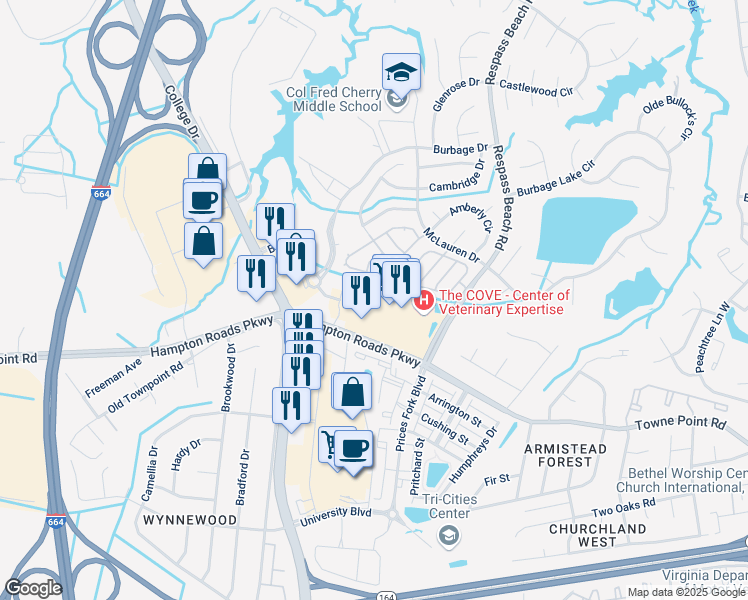 map of restaurants, bars, coffee shops, grocery stores, and more near 6540 Hampton Roads Parkway in Suffolk