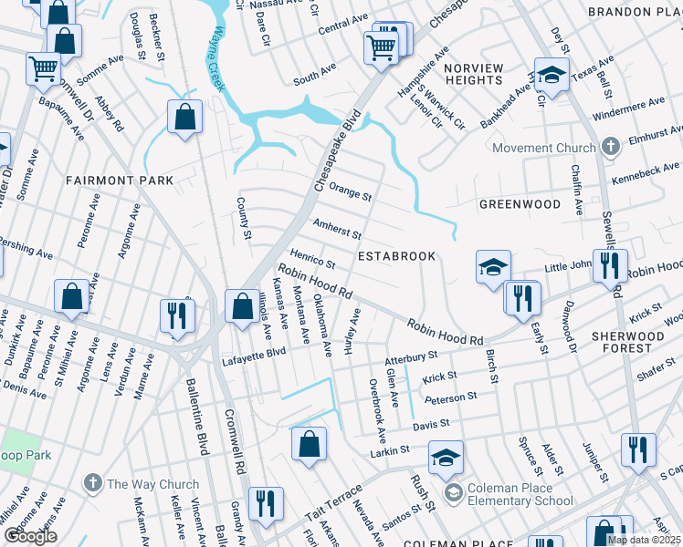 map of restaurants, bars, coffee shops, grocery stores, and more near 3673 Henrico Street in Norfolk