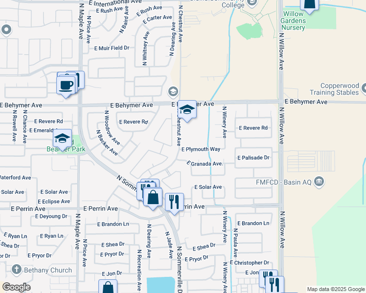 map of restaurants, bars, coffee shops, grocery stores, and more near 9809 North Sedona Circle in Fresno