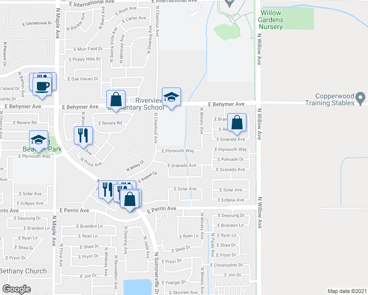 map of restaurants, bars, coffee shops, grocery stores, and more near 2612 East Plymouth Way in Fresno