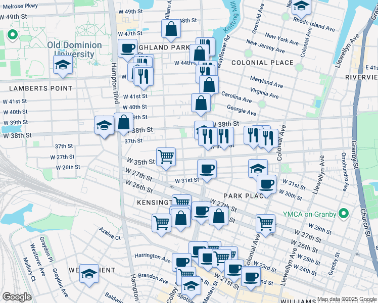 map of restaurants, bars, coffee shops, grocery stores, and more near 831 West 36th Street in Norfolk