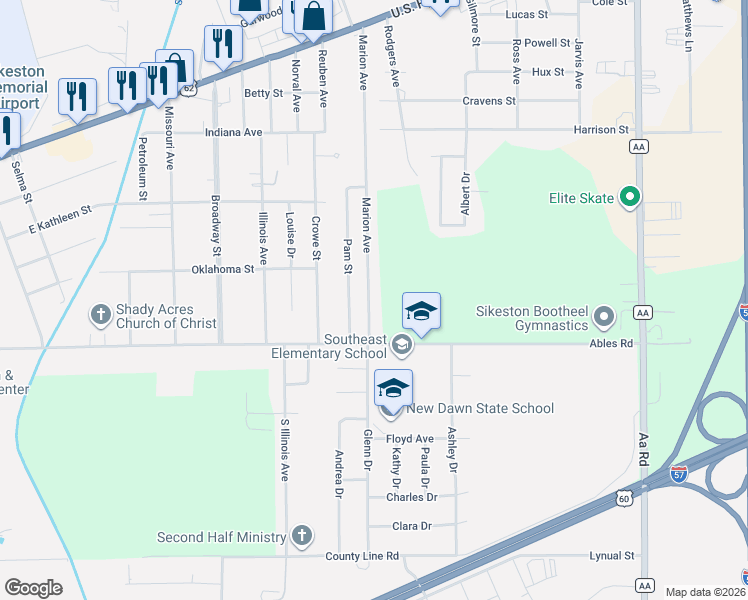 map of restaurants, bars, coffee shops, grocery stores, and more near 405 Marion Avenue in Sikeston