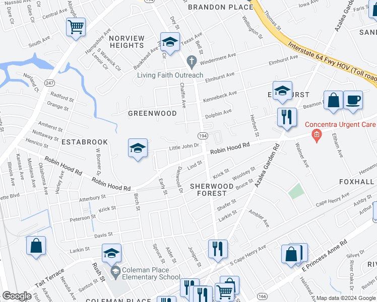 map of restaurants, bars, coffee shops, grocery stores, and more near 3057 Tree Chop Road in Norfolk