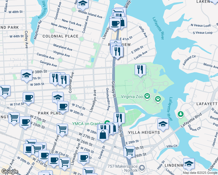 map of restaurants, bars, coffee shops, grocery stores, and more near 3509 Granby Street in Norfolk