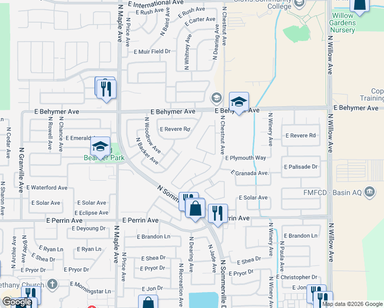 map of restaurants, bars, coffee shops, grocery stores, and more near 2311 East Ticonderoga Drive in Fresno