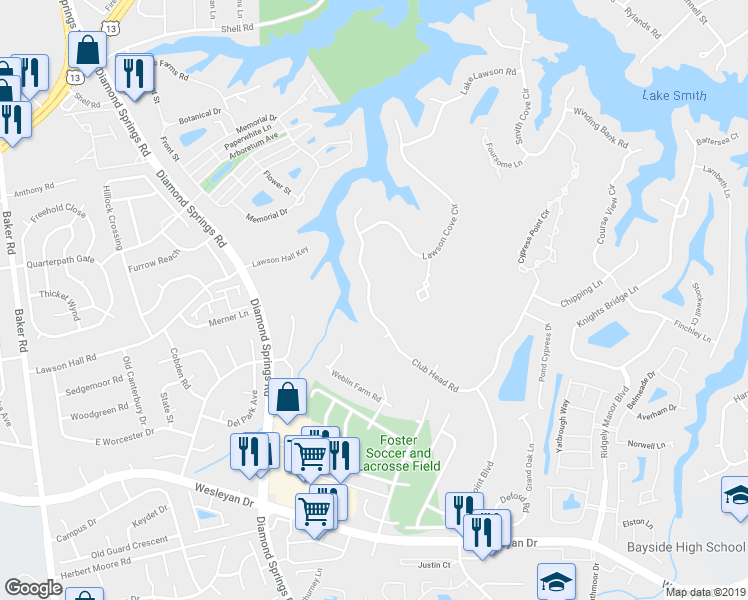 map of restaurants, bars, coffee shops, grocery stores, and more near 5436 Club Head Road in Virginia Beach