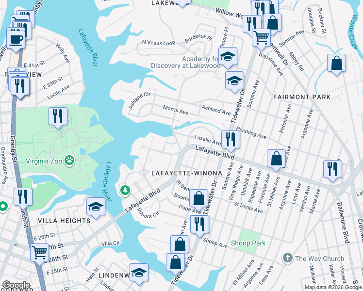 map of restaurants, bars, coffee shops, grocery stores, and more near 1607 Lasalle Avenue in Norfolk