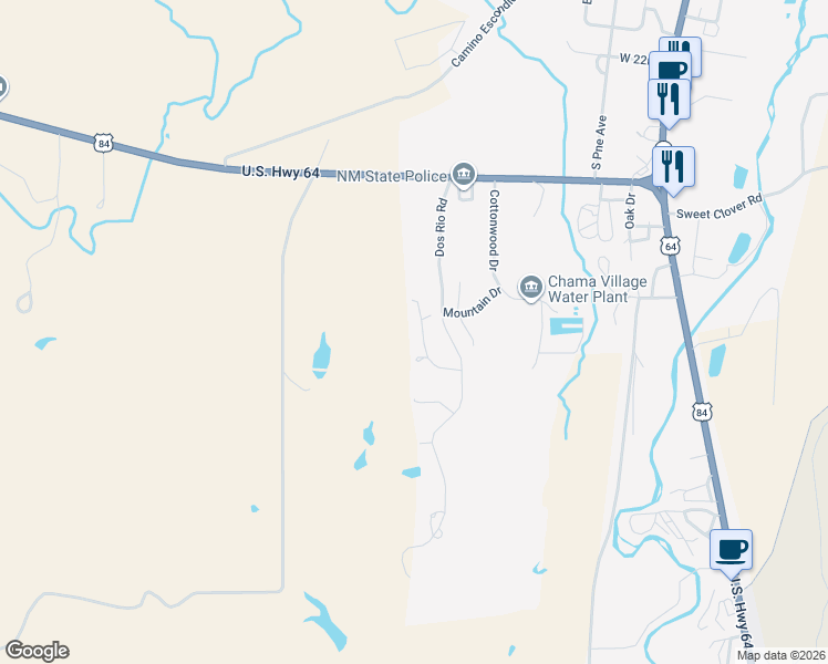 map of restaurants, bars, coffee shops, grocery stores, and more near 2495 Rio Chamita Trail in Chama