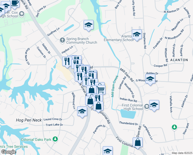 map of restaurants, bars, coffee shops, grocery stores, and more near 1516 Family Lane in Virginia Beach