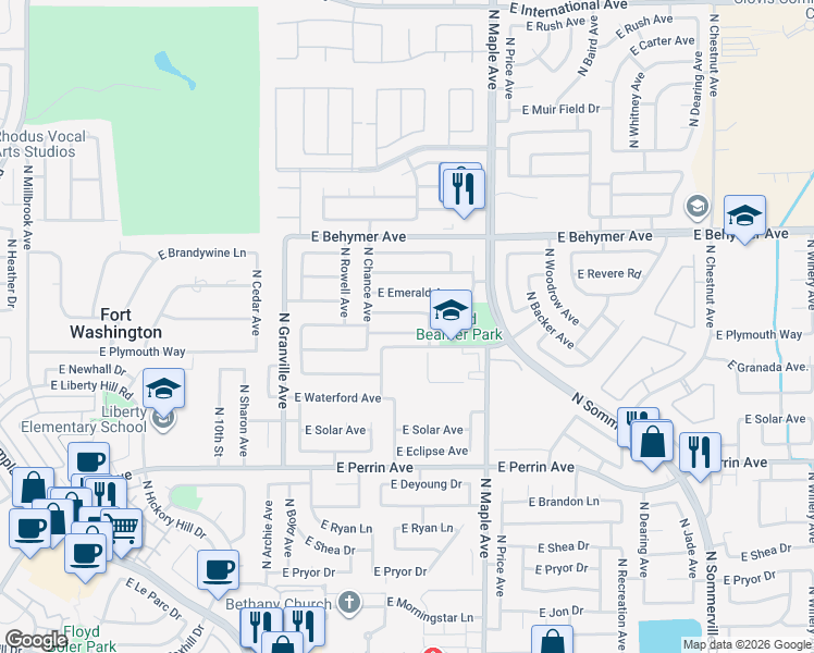 map of restaurants, bars, coffee shops, grocery stores, and more near 1786 East Ticonderoga Drive in Fresno