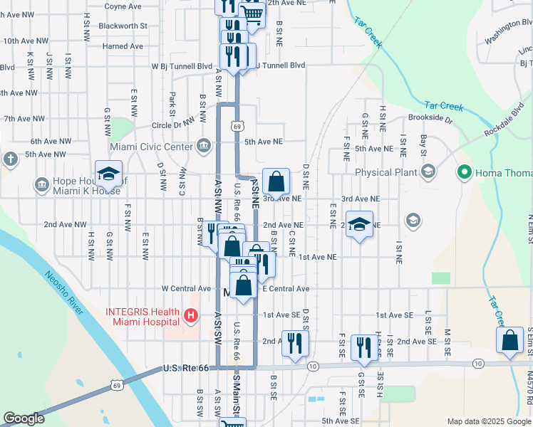 map of restaurants, bars, coffee shops, grocery stores, and more near 222 North Main Street in Miami